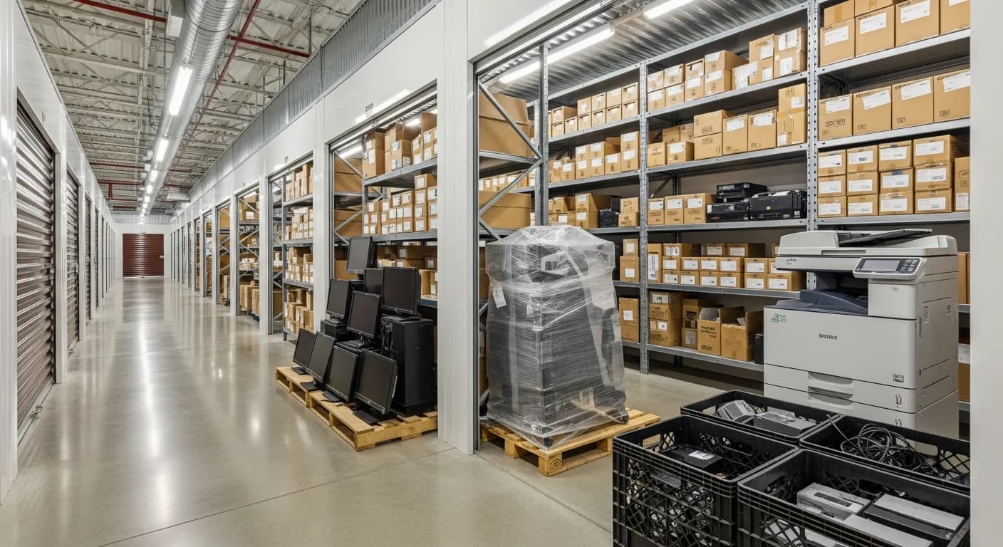 Espace de stockage professionnel organisé avec des box et des étagères, solution pour désengorger les bureaux