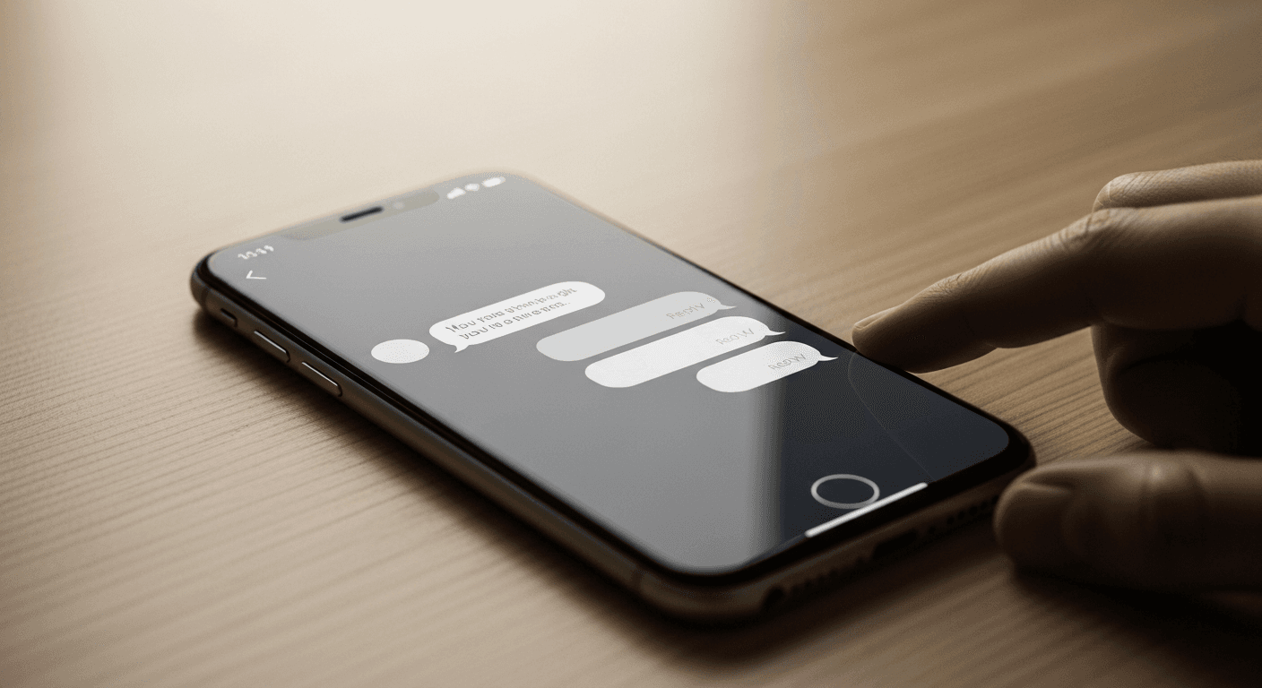 Séquence de messages LinkedIn sur un smartphone posé sur un bureau épuré